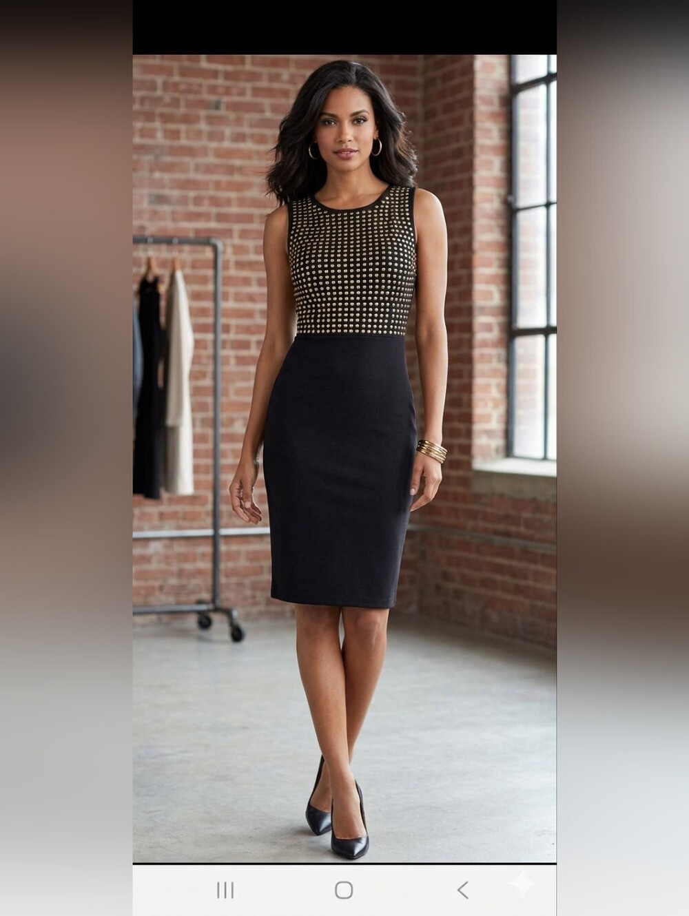 Carmen Marc Valvo Black Midi Sheath Dress with Gold Studded Bodice